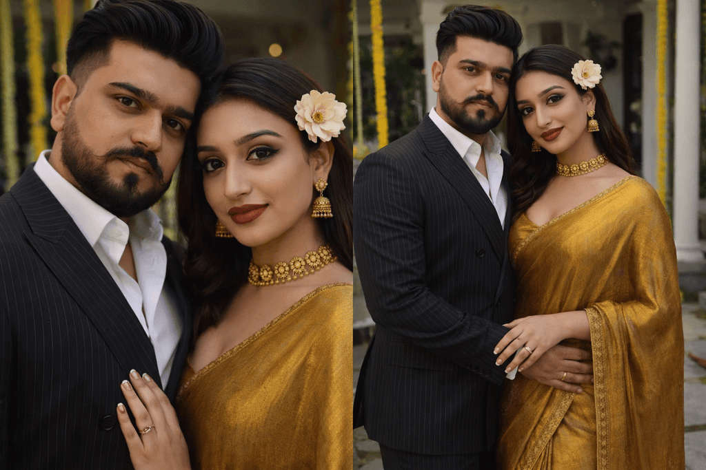 Couple wearing elegant attire with the woman in The "Golden Hour" Bronze Shimmer Saree and floral accessories.