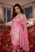 The "Rosy Romance" Floral suit in vibrant pink with floral motifs, styled to capture elegance and femininity.