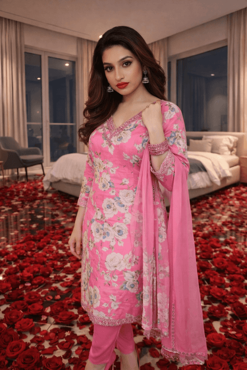 The "Rosy Romance" Floral suit in vibrant pink with floral motifs, styled to capture elegance and femininity.