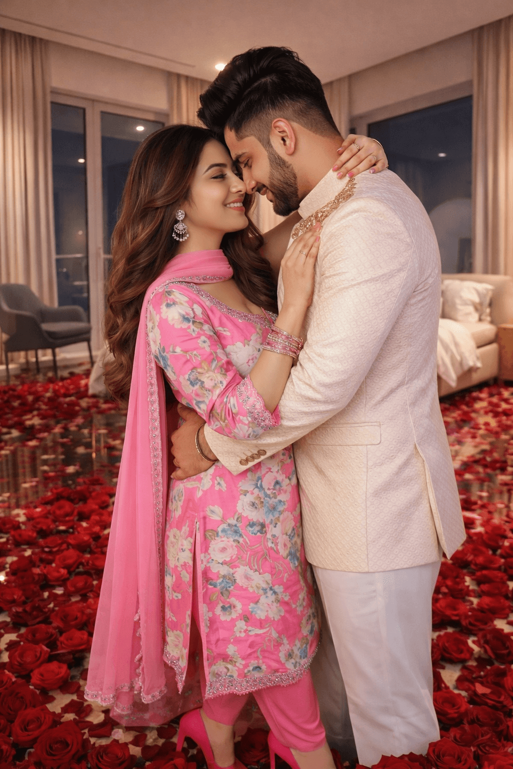 The "Rosy Romance" Floral suit worn by a couple in a romantic setting with rose petals.